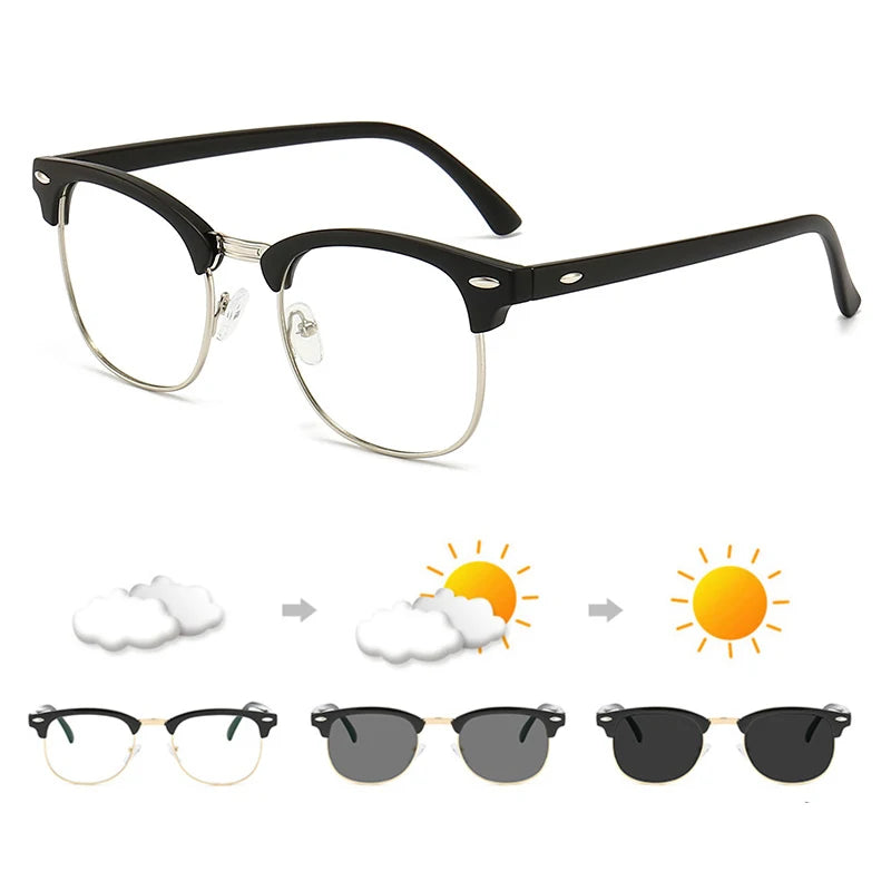 Classic Half Frame Photochromic Polarized Sunglasses New Arrival Gold PC Frame with UV400 Anti-Blue Light Lenses for Women Men