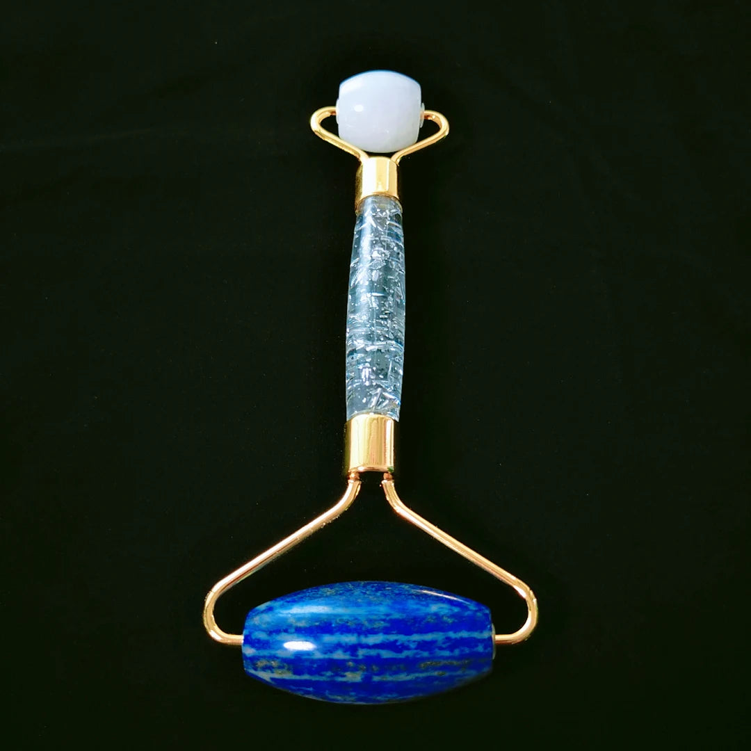 HY Hot selling natural white jade face roller crafts beauty flower handle  roller lapis lazuli facial roller