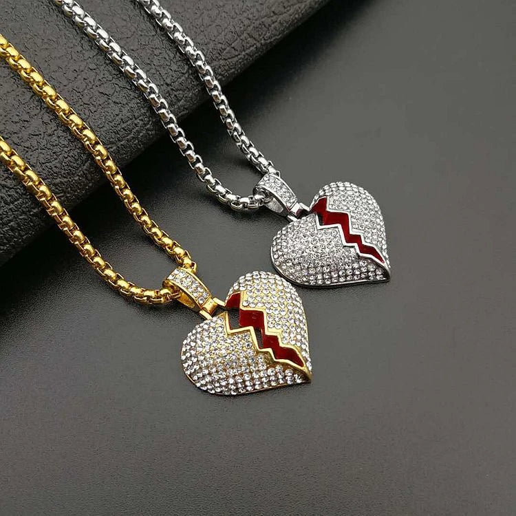 European Style 316L Stainless Steel Broken Heart Pendant Necklace for Women Pave Crysta Heart Necklace Bling for Wedding