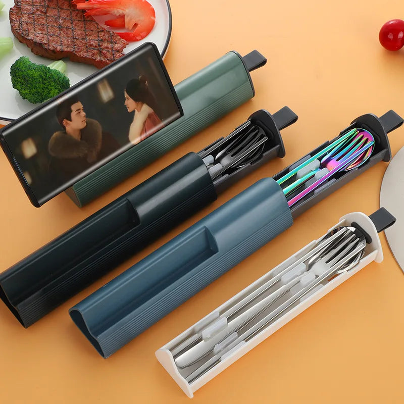New 304 Stainless Steel Pullout Portable Cutlery Set Travel Pack Creative Spoon Fork Chopsticks Set Convenient Box