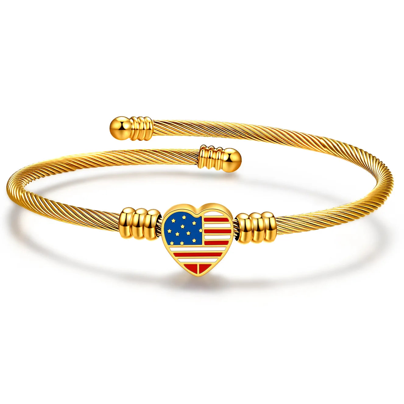 Simple Stainless Steel Woven Braided 18K Golden Cable Wire Titanium Steel American Flag Peach Heart Charms Women's Bracelet