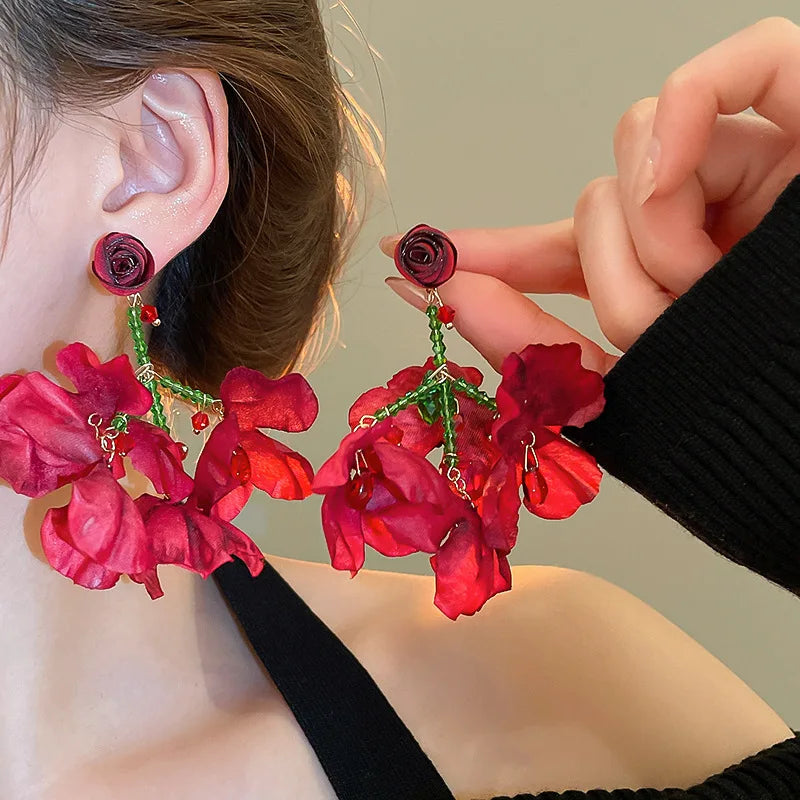 Women Boho Sweet Forest Fabric Crystal Flower Tassel Earrings