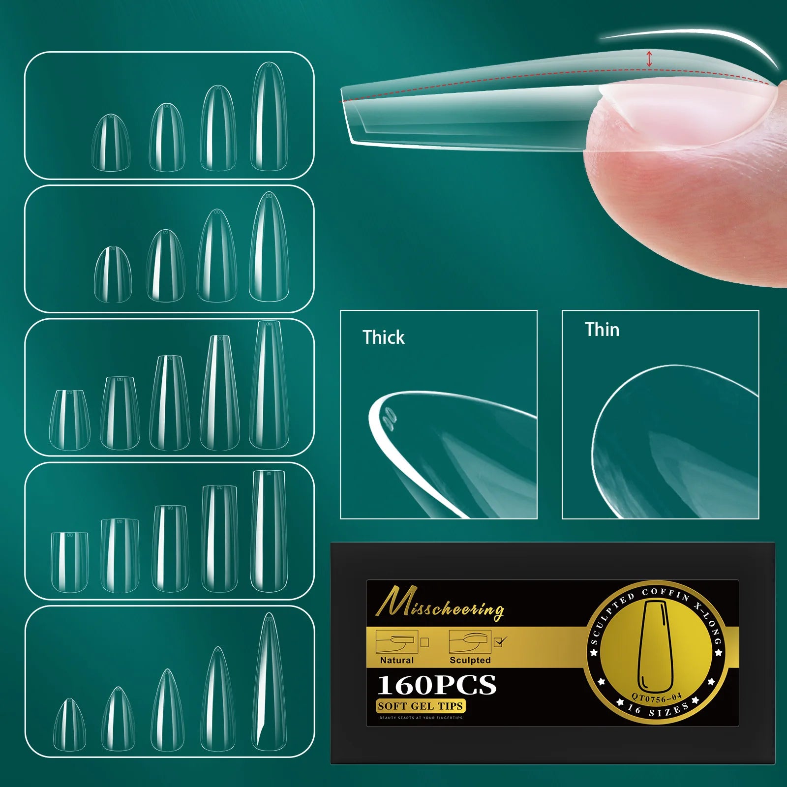 Manicure 16 Sizes Seamless Extension Nail Tips 320/160pcs Box Clear Coffin Almond Stiletto Square Round Full Cover Nail Tips