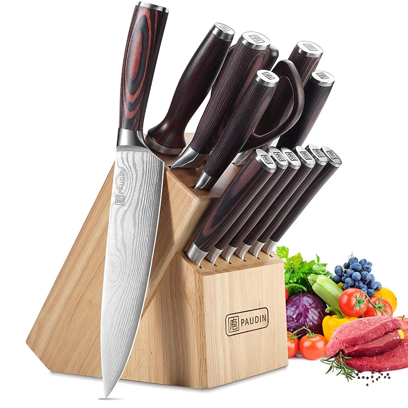 Exquisite Professional Kitchen Knives & Accessories 14PC Chef Kitchen Knife Set With Wooden Block and Sharpening Rod