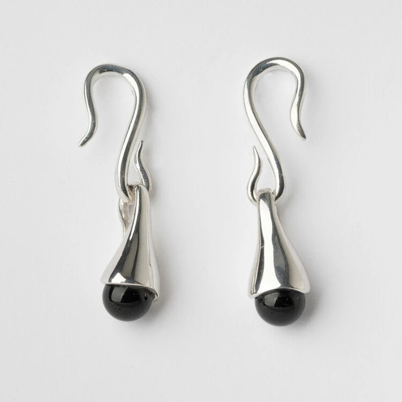 Fashion Personality Brass Plating Platinum Fishhook Inlaid Black Onyx Pearl Earrings Women Jewelry Wholesale