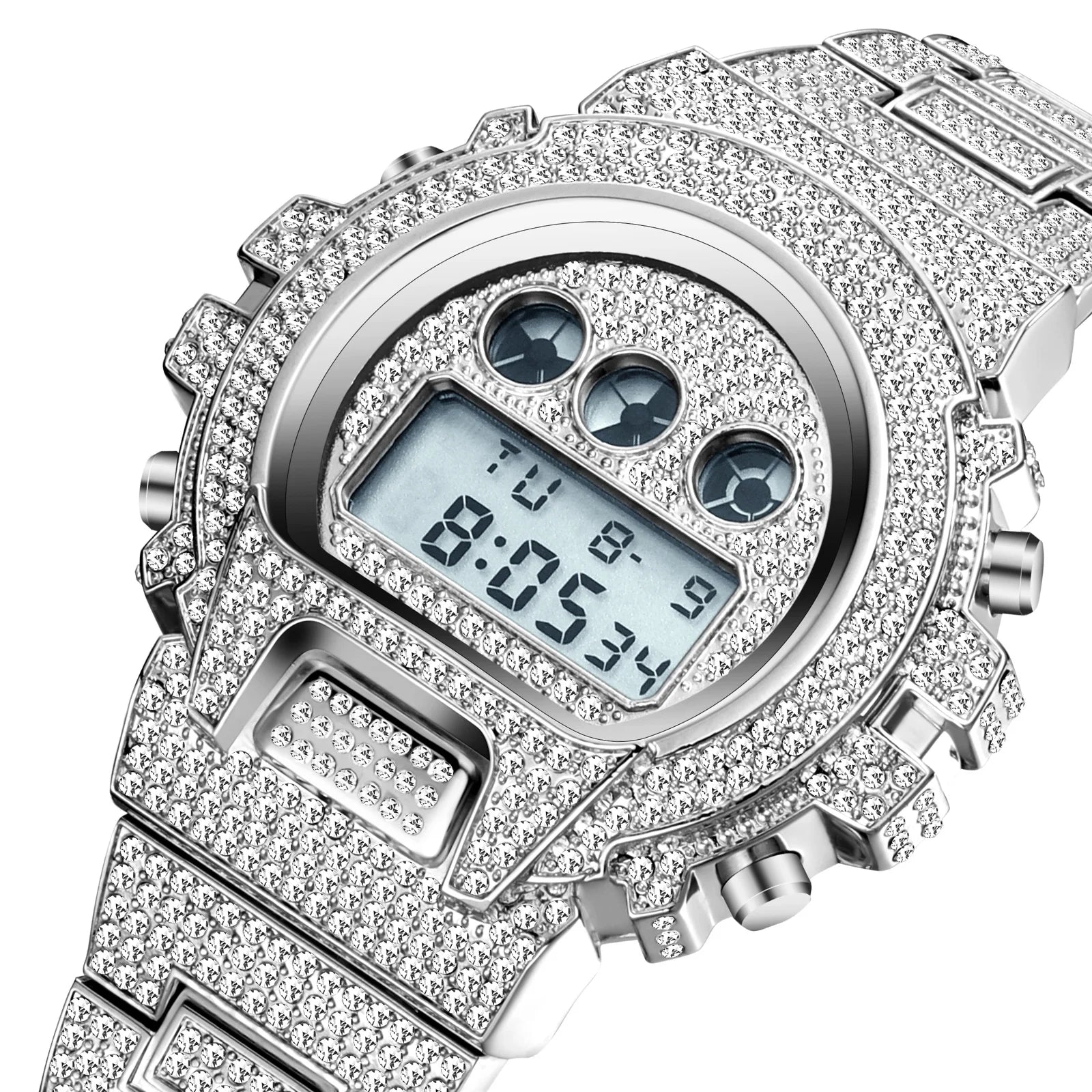 Iced Out Diamond Watch for Men Luxury LED Digital Mens Watches Waterproof Sports Wrist Watch Men Fashion Silver Steel Male Clock