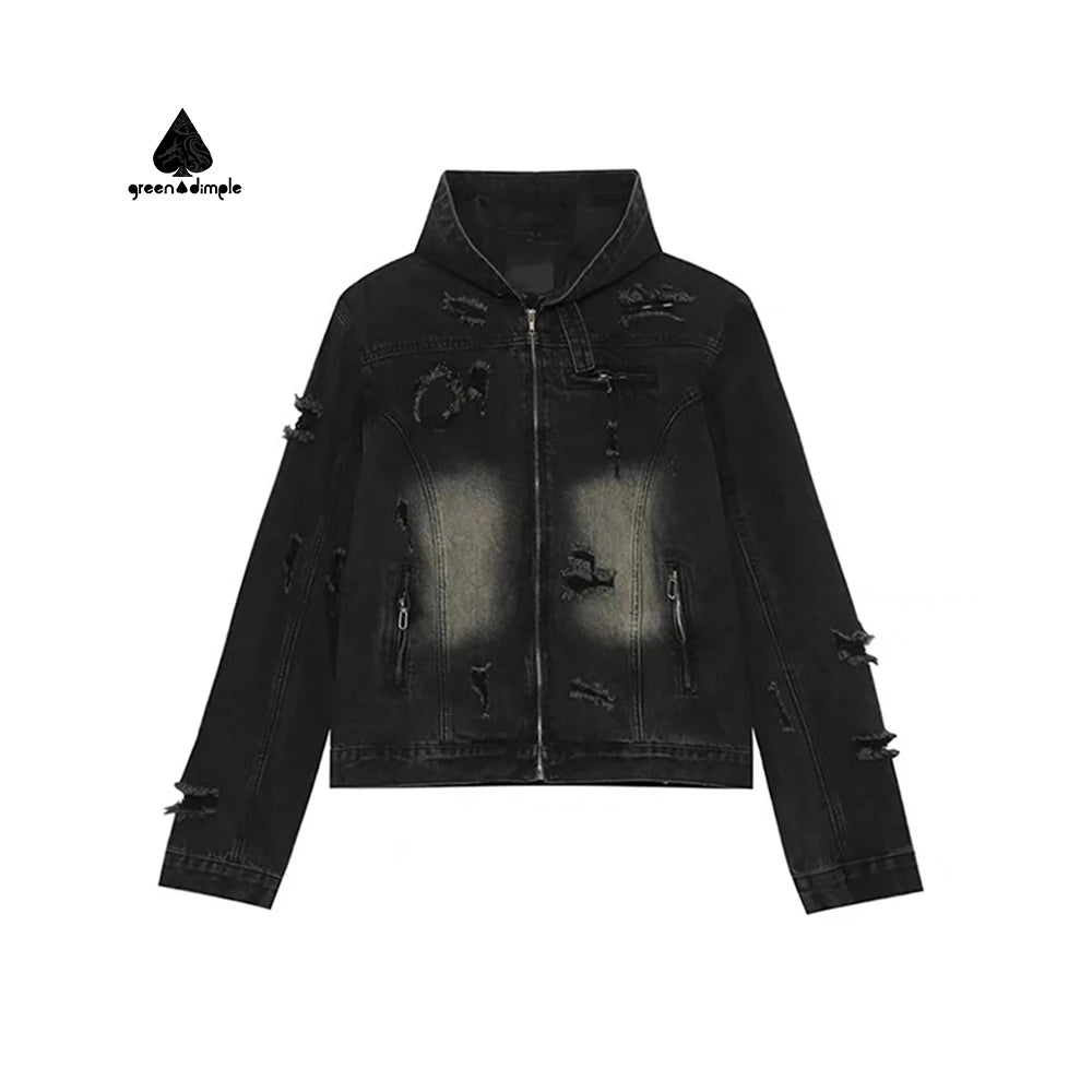 Hoodie Manufacturers Customize logo Denim Distressed Y2K Zip up Hoodies High Quality Unisex Fashion Acid Wash Denim Hoodie