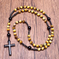 Golden Tiger's Eye Onyx Rosary with Hematite Cross Long Necklace for Man Catholic Religious Natural Stone Rosary Jewelry