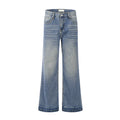 Men Straight Jeans Print Distressed Mid Rise High Street Casual Wind Stone Wash Blue Wide Leg Long Jeans