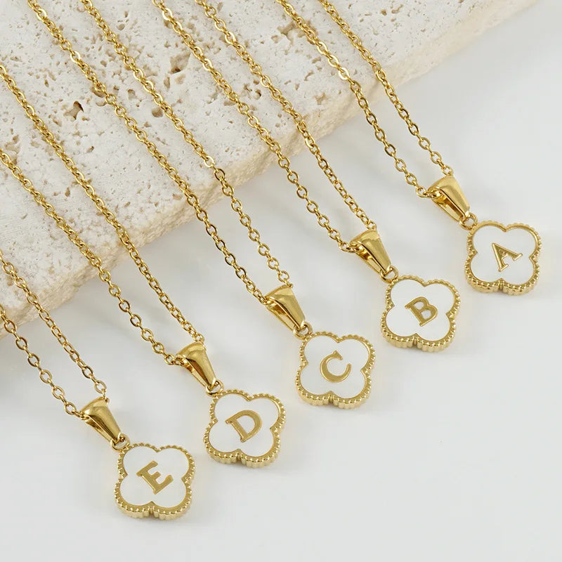 Factory Custom Design Name Plate Pendant Lucky Four Leaf Clover Shell Arabic A-Z Initial Letter Pendant Necklace