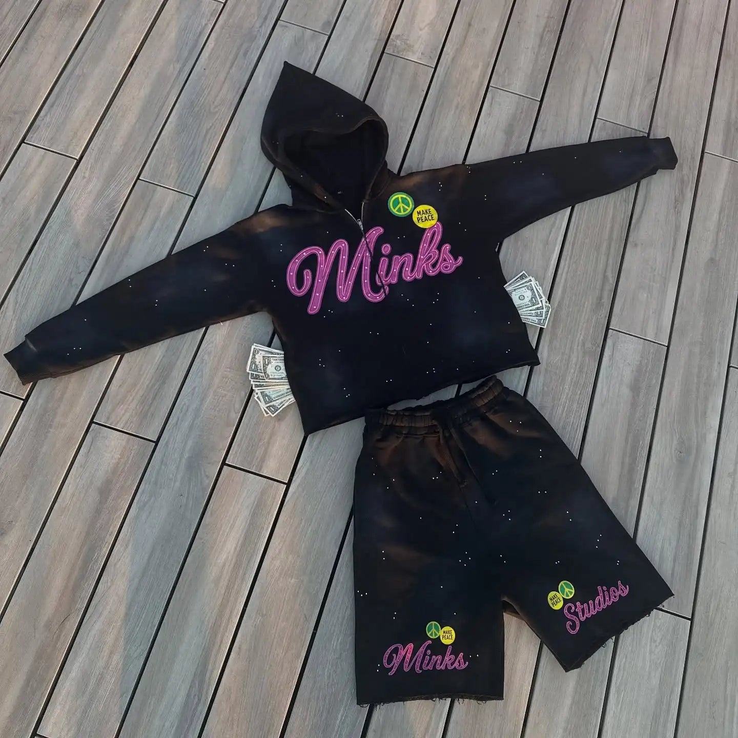 US Free Tax Zip up Sweat Suits Distressed Applique Patch Rhinestone Acid Wash Hoodie and Shorts Sets Tracksuits for Men
