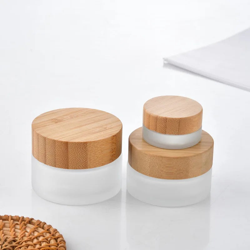 Wholesale 30g Transparent Frosted Cream Glass Jar Eco-Friendly Personalized Cosmetic Container Bamboo Wood Skin Care Eye Cream