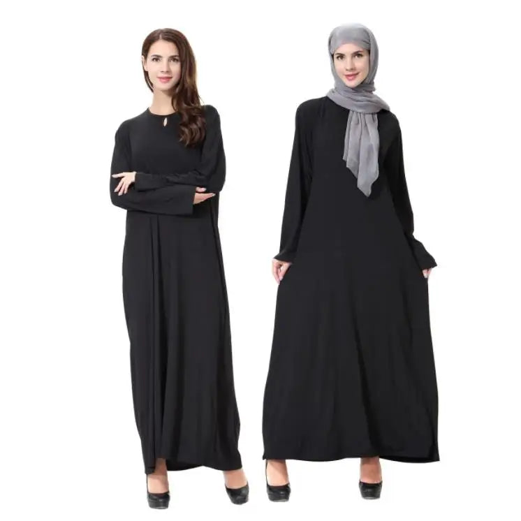 Autumn Winter Muslim Black Milk Silk Long Sleeve Maxi Dress Arab Middle East Robe ETH906