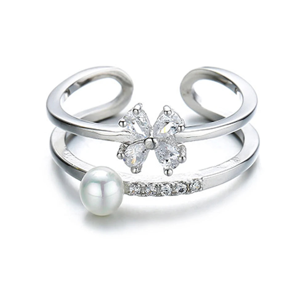 New 925 Sterling Silver Stacking Rings Double-layer Design Adjustable Open Bowknot Pearl Ring Fine Jewelry Rings