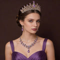 Baroque Purple Diamond Alloy Princess Bridal Jewelry Necklace Earring Three Piece Set Wedding Crown
