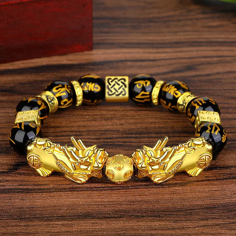 Six-character Proverbs Buddhist Bead Resin Bracelet Obsidian Gilded Pixiu Lucky Bracelet for Men and Women