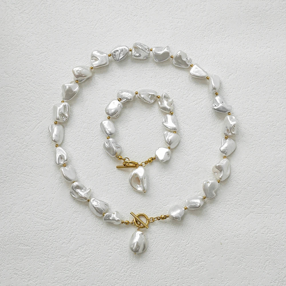 YF3925 New Stainless Steel 18k Gold Plated Waterproof OT Buckle Chain Imitation Baroque Pearl Necklace Non Tarnish Bracelet
