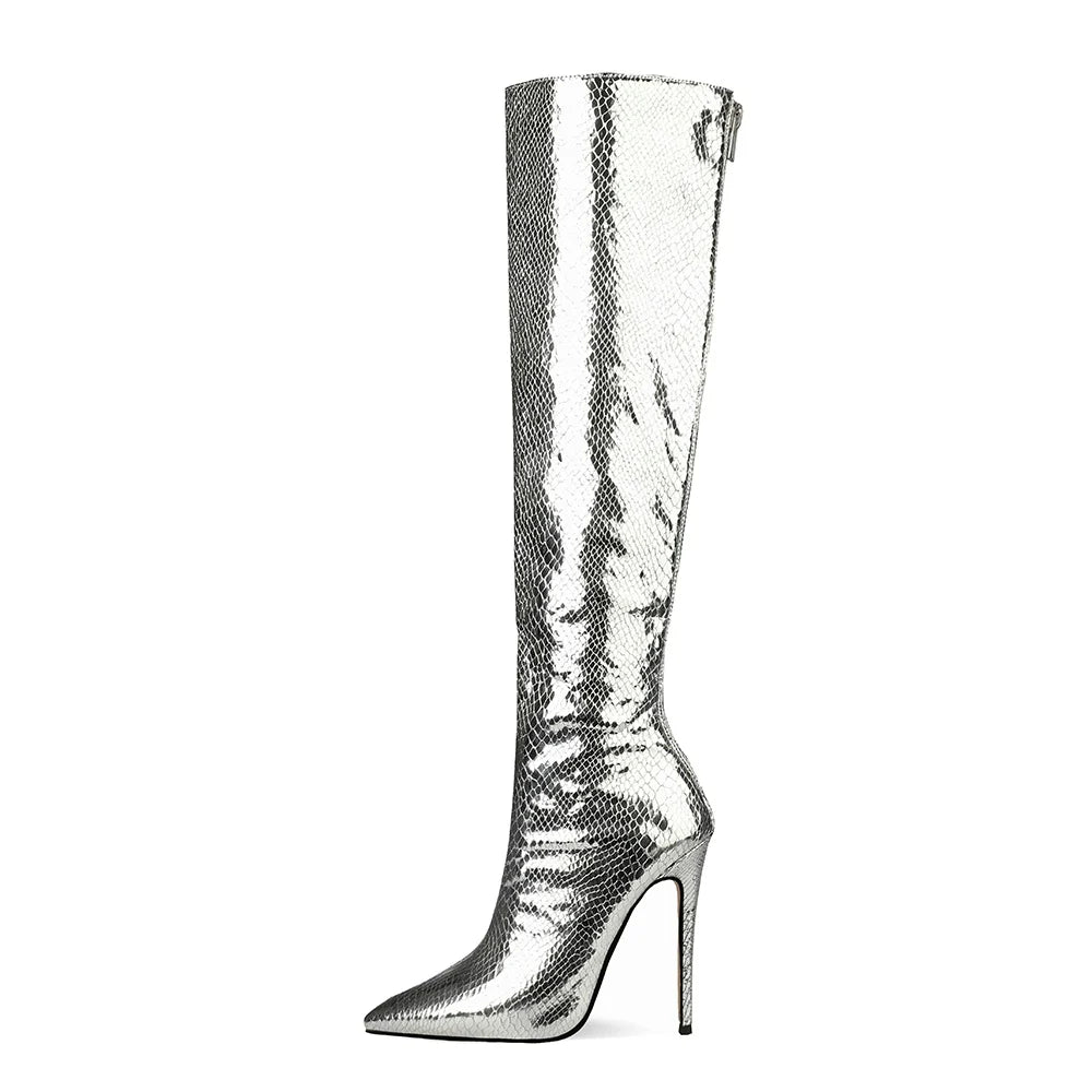 Women's Western Winter Autumn 10/12cm Stiletto Heels Comfortable PU Leather Slip-On Knee-High Boots