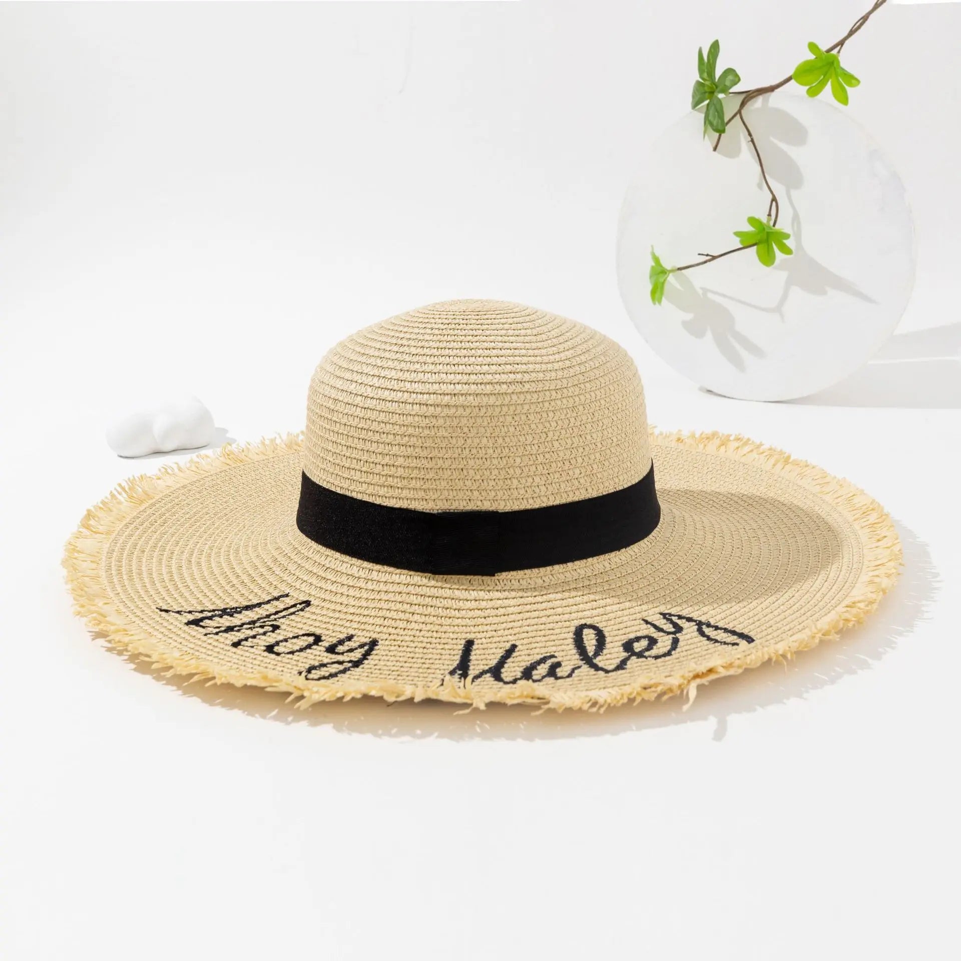 Summer Handmade Weave Letter Embroidery Sun Beach Hats Ribbon Large Brim Straw Hat Anti-UV Foldable