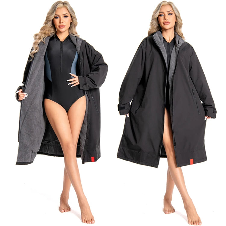 Custom Oversized Waterproof Windproof Warm Dry Coat With Hood Thick Fleece Lined Adult Children Long Surf Poncho Changing Robe