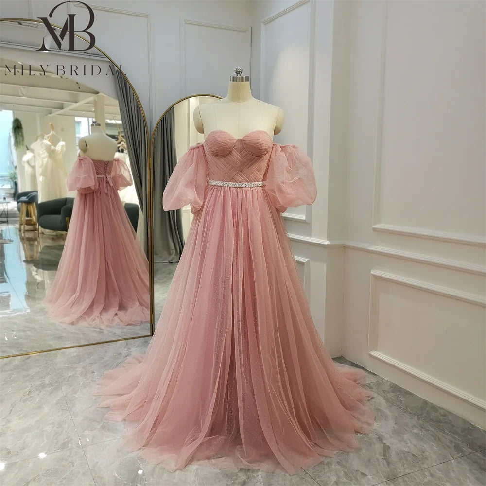 Mily Bridal LWC6633 Detachable Sleeves Elegant Modest Evening Gown Dress Tulle Gowns for Women Evening Dresses