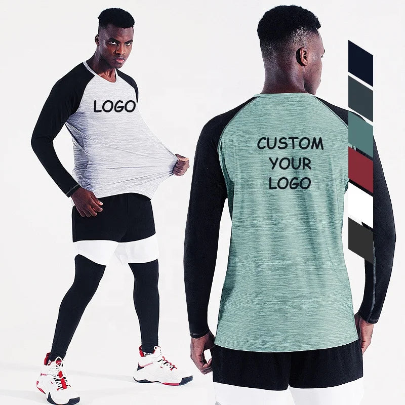 Long Sleeves Gym T Shirt Men Sports Fitness Running Design Patchwork Polyester T Shirt Training Men's Athletic Running T-shirt