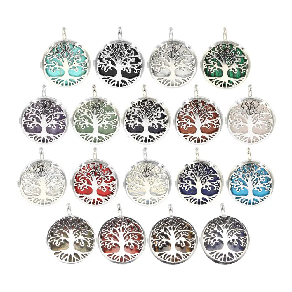 Vintage Style Natural Gemstone Silver Tree of Life Pendant Necklace with Healing Chakra Crystal Stone Charm for Women and Men MegaBDM