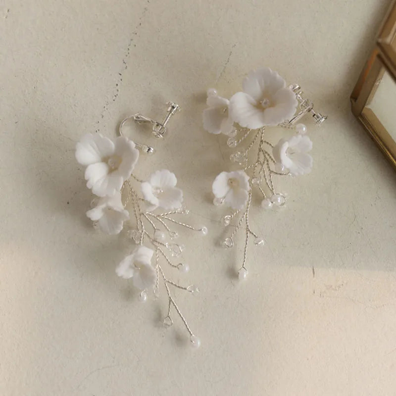 SLBRIDAL Handmade Rhinestones Crystals Pearl Ceram Flower Bridal Dangle Earring Wedding Chandelier Earring Fashion Women Jewelry