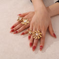 New Arrival Vintage Multi Flower Simulated Pearl Ring Golden Stainless Steel Adjustable Ring for Women Fashion Finger Jewelry