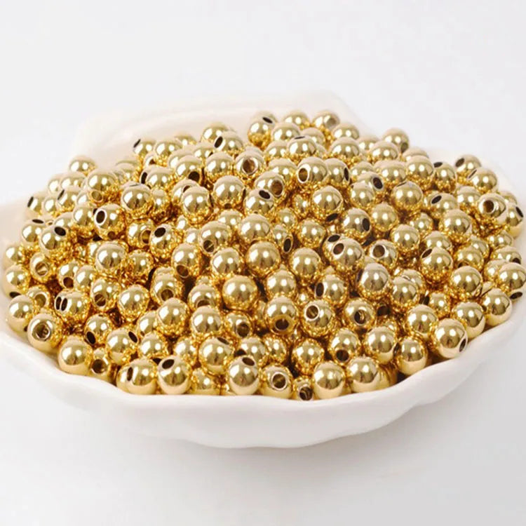 JF2066 18K Gold Plated Solid Metal Round Beads Shiny Smooth Brass Spacer Beads for Jewelry Making Sizes 3mm 4mm 5mm 6mm