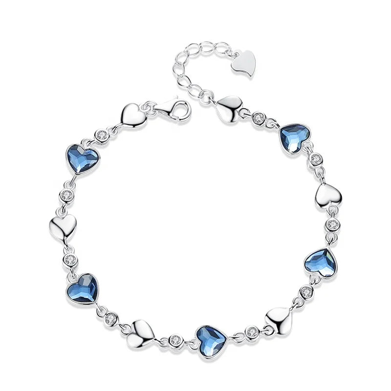 Romantic Design 925 Sterling Silver Heart Charm Bracelet with Blue Stone Unisex Custom Logo for Gift or Party Women's Jewelry