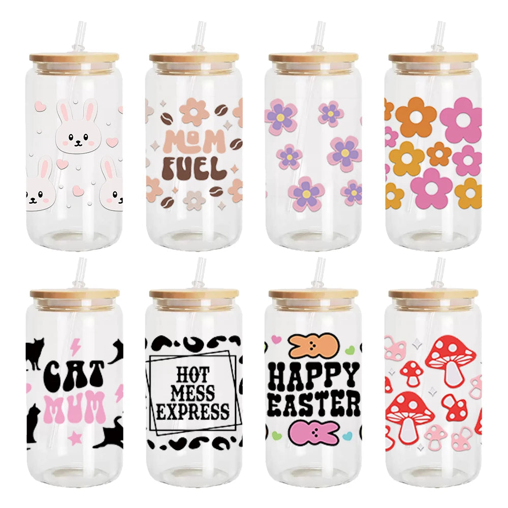 Custom UV Wraps 12oz 16oz 20oz 24oz Glass Cans Libby Mug Pen Cup UV Transfer Wraps Decals Stickers
