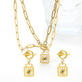 PVD Plated Gold Stainless Steel Jewelry Sets 2024 New Green Zircon OT Clasp Square Hollow Pendant Necklace Earrings Jewelry Set