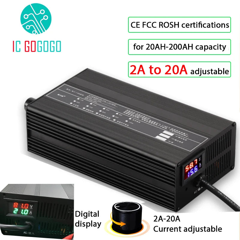 20A 48V 58.4V 72V 60V 67.2V 84V 87.6V Li-ion LiPo Lifepo4 Lithium Battery Charger Curren Adjust Fast Charge Ebike 16S 20S 24S