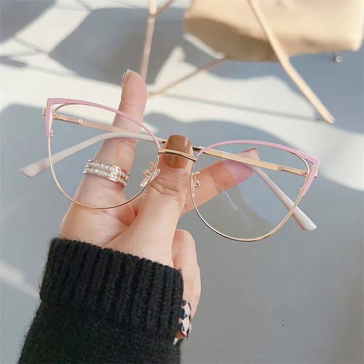 2024 Latest Vintage Custom logo Computer Glasses Metal Full Frame Anti Blue Light Transparency Cat Eye Frame Optical Glasses