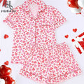 Pink Heart Print Lapel Short Sleeve Shorts Pajama Loungewear Home Wear Set Valentine's Day Gifts for Women