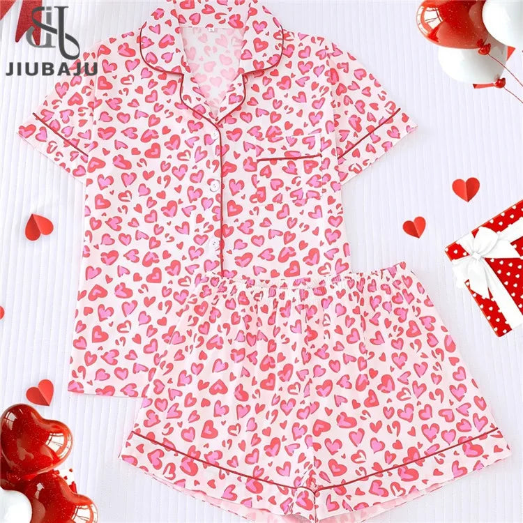 Pink Heart Print Lapel Short Sleeve Shorts Pajama Loungewear Home Wear Set Valentine's Day Gifts for Women
