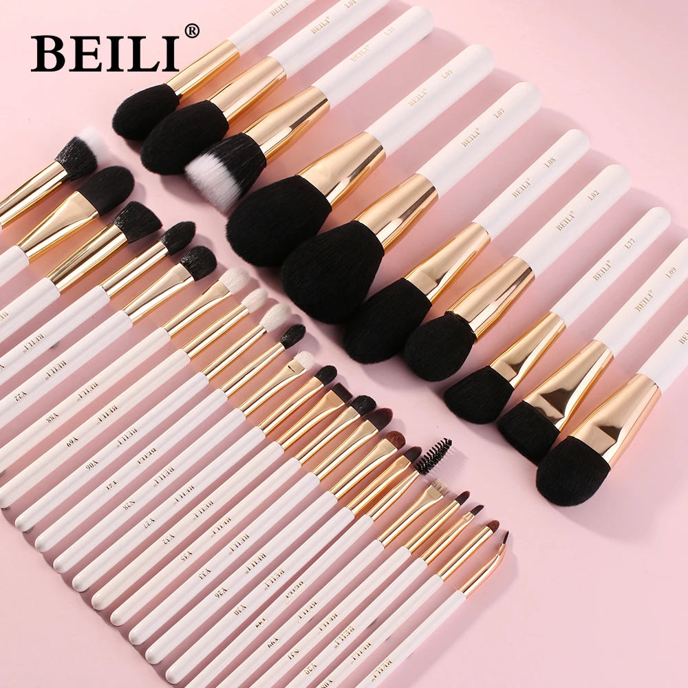 BEILI White Color Luxury High Quality Synthetic Makeup Brush Set 32 Pcs Wooden Handle