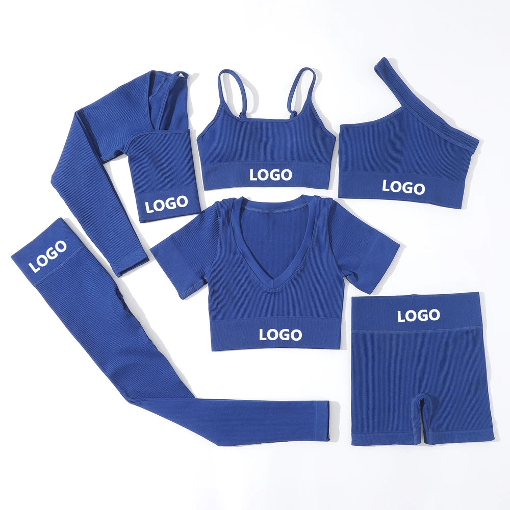 Wholesale Custom Logo Seamless 6 Pcs Active Yoga Wear Sports Suit Leggings Workout Outfits Ribbed Gym Fitness Sets for Women