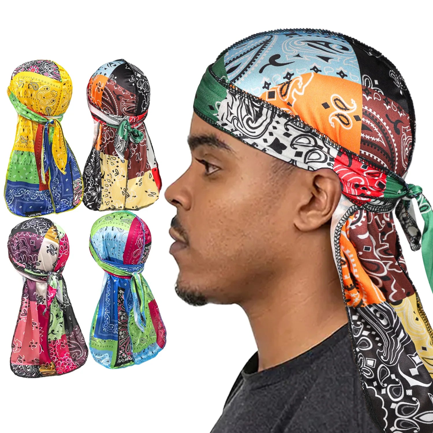 Wholesale Men's Multicolor Paisley Satin Durags Hot Selling Long Tail Hip Hop Pirate Wave Cap Multifunction Designer Adults