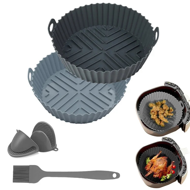 OEM/ODM 7.5inch Top Seller Reusable Food Safe Air Fryer Silicone Pot Round Tray Silicone Air Fryer Liners With Mitts