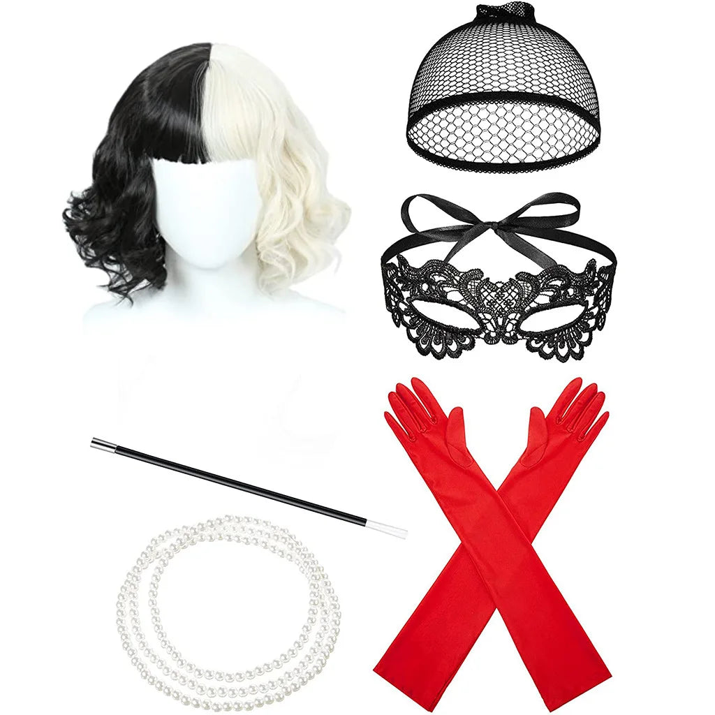 Black and White Witch Women  Cosplay Accessories Set Wig Mask Glove Smoke Rod Necklace Set