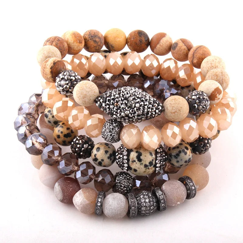 5pc Women Fashion Jewelry Bracelet Sets Elastic Natural Stone Glass Crystal Pave Bracelets Stretch Druzy Stack Bracelet Set