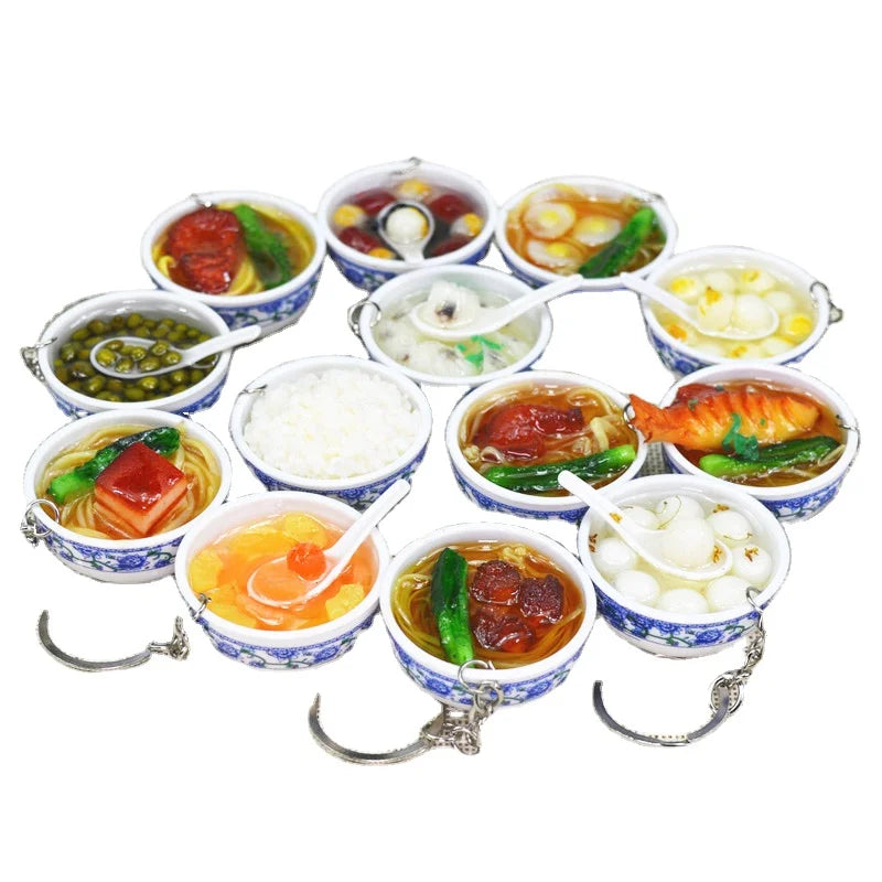 Chinese Blue and White Porcelain Food Bowl Simulation Food Charms Noodle Keychain Mini Cell Phone Strap Pendant Metal Material