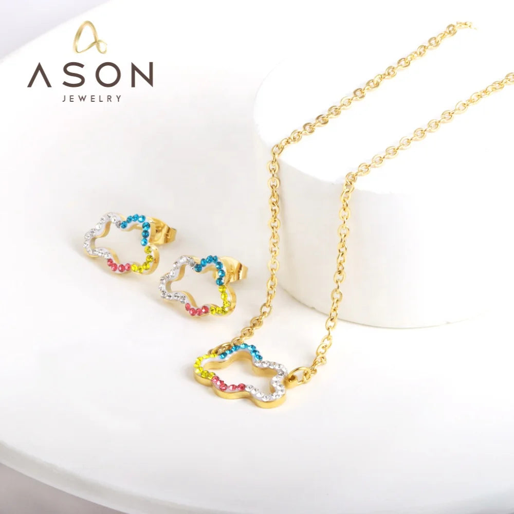 Ason Trend New 2023 Stainless Steel Jewelry Set Wholesale Mixed Color Diamond Cutout Cloud Jewelry Set