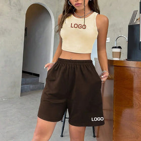 F240023 2025 Custom Summer Outfits Women Clothing 2 Piece Set Crop Tank Top Shirt Jogger Biker Lounge Wear Two Piece Shorts Set
