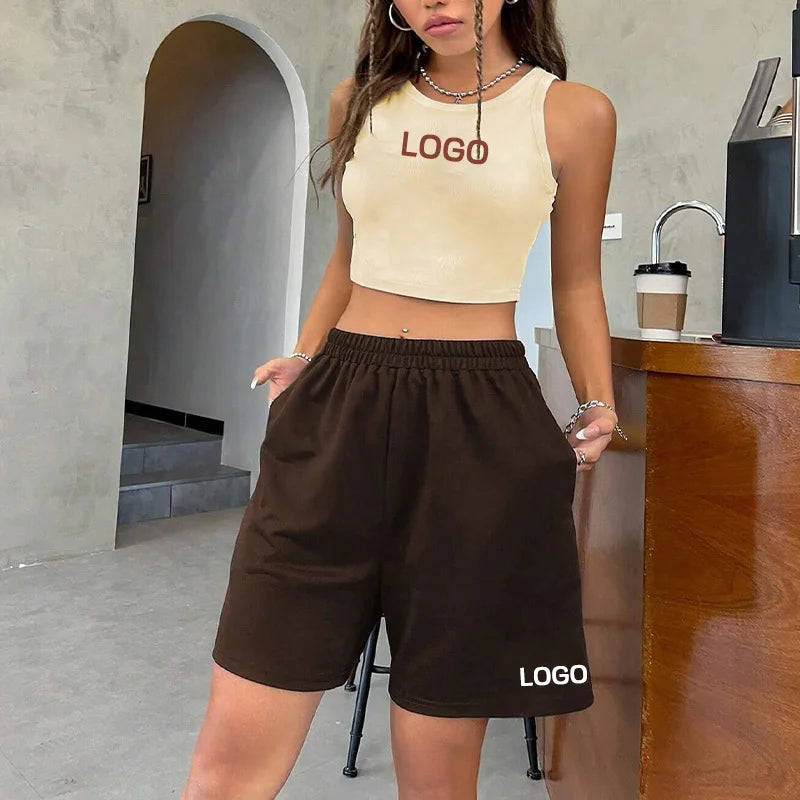 F240023 2025 Custom Summer Outfits Women Clothing 2 Piece Set Crop Tank Top Shirt Jogger Biker Lounge Wear Two Piece Shorts Set