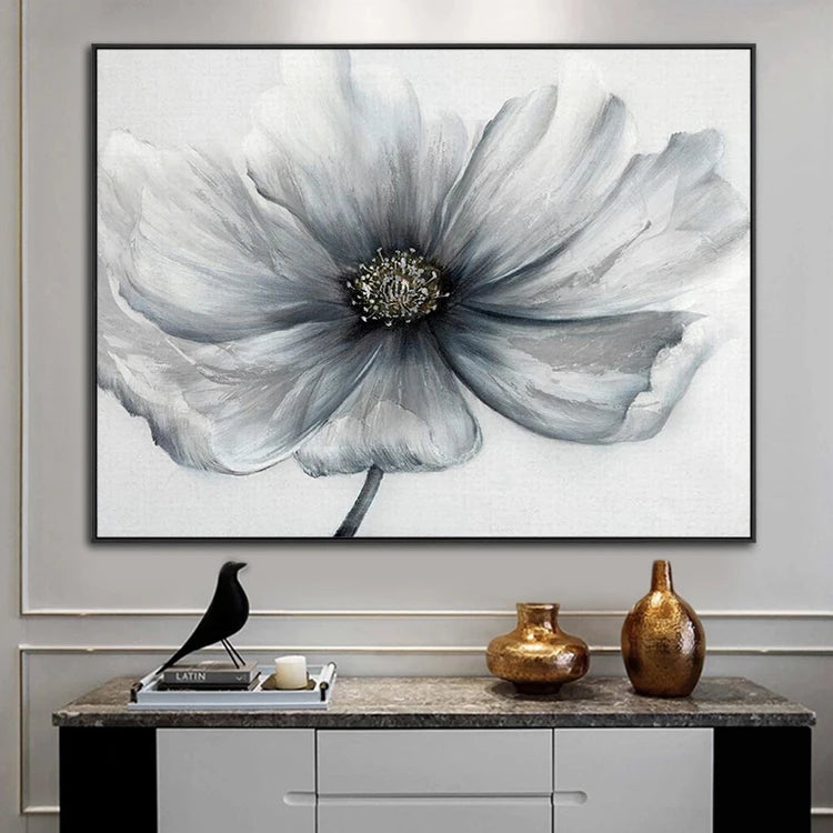 Elegant Handpainted Grey White Abstract Flower Painting Modern Textured Floral Wall Art for Living Room Bedroom Decor