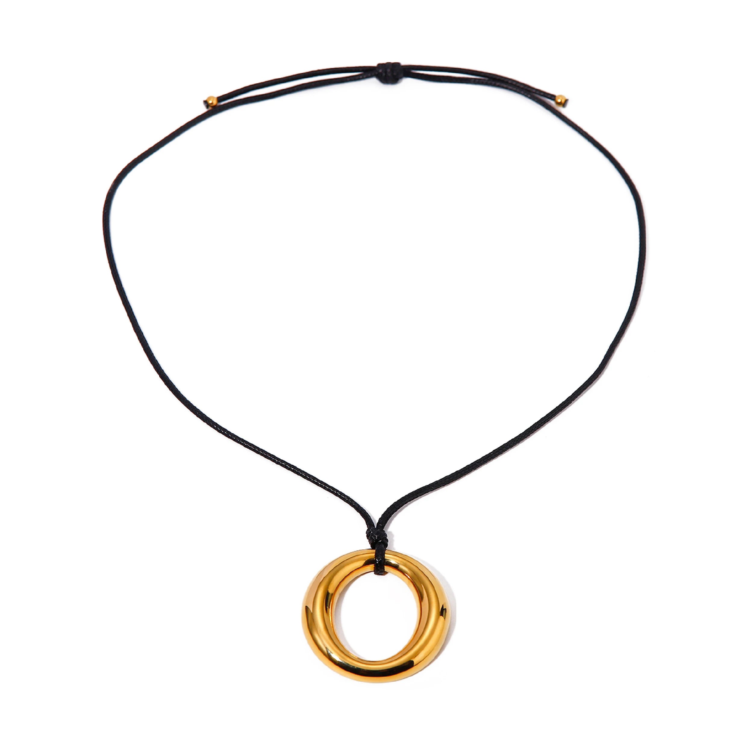 N&S 18K Gold Plated Stainless Steel Circular Hollow Pendant Necklace Unique Fashionable 75cm Rope Chain Jewelry