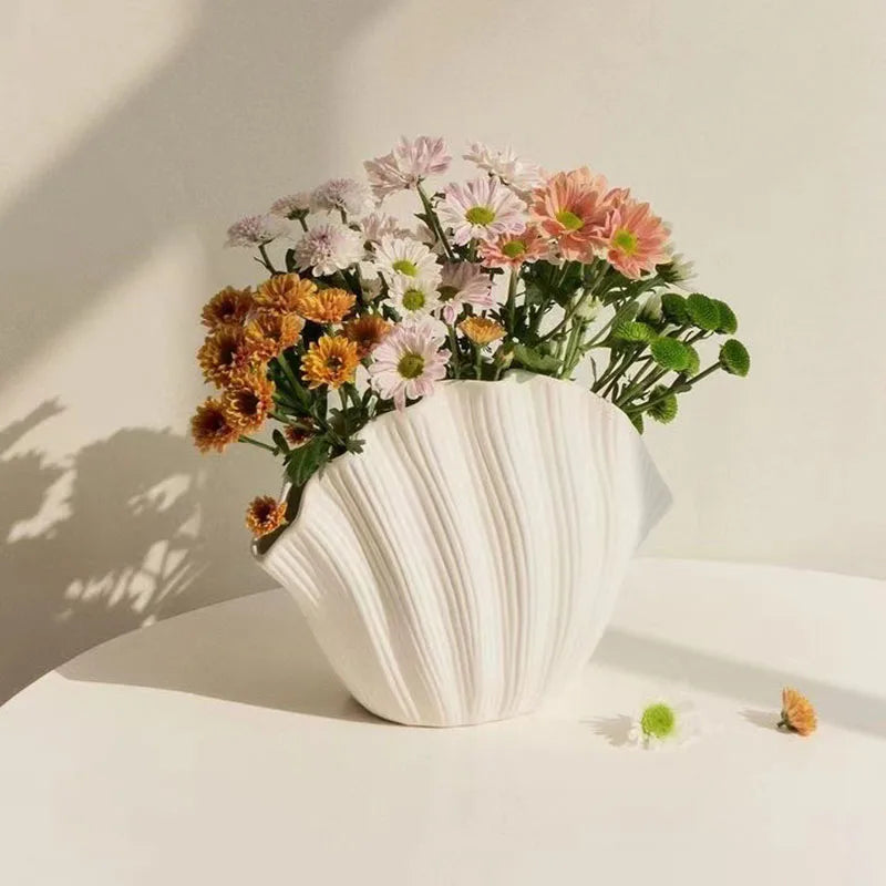 Ceramic White Open Seashell Shaped Flower Vase for Home Decor MegaBDM
